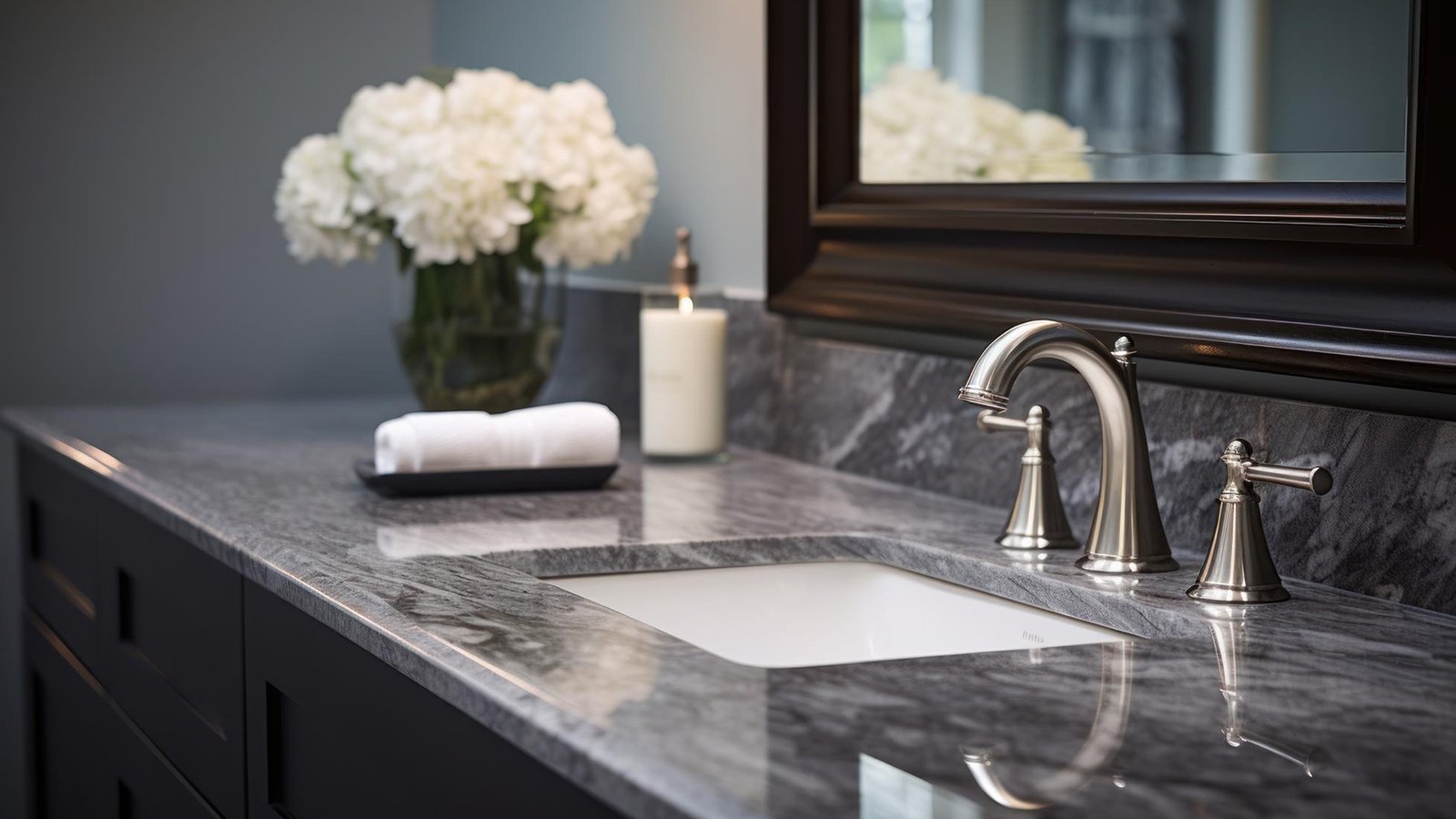 Classic-faucet-reflects-on-the-marble-countertop-of-welllit-bathroom